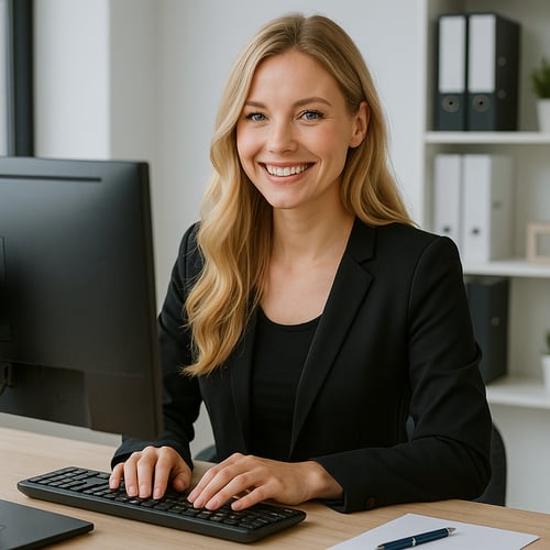 Eine attraktive blonde Frau sitzt lchelnd an ihrem PC in ihrem Bro-1
