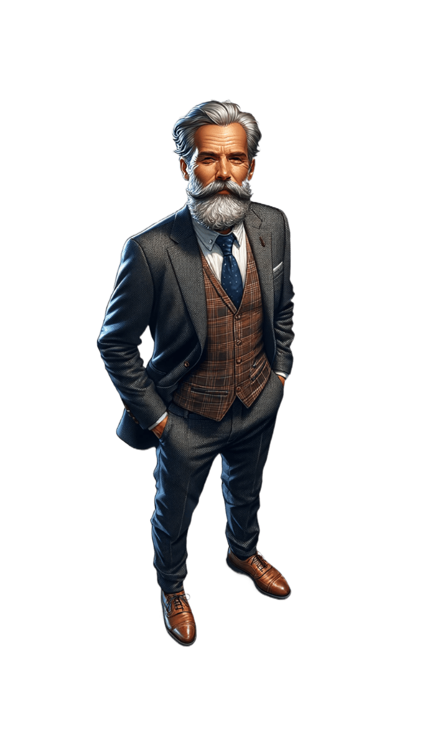 DALL·E 2023-10-25 16.18.54 - Ganzkörperfoto eines Geschäftsführers mittleren Alters mit einem dezenten Bart. Er trägt einen formellen Anzug, steht aufrecht und hat eine Hand lässi-fotor-20231025161936