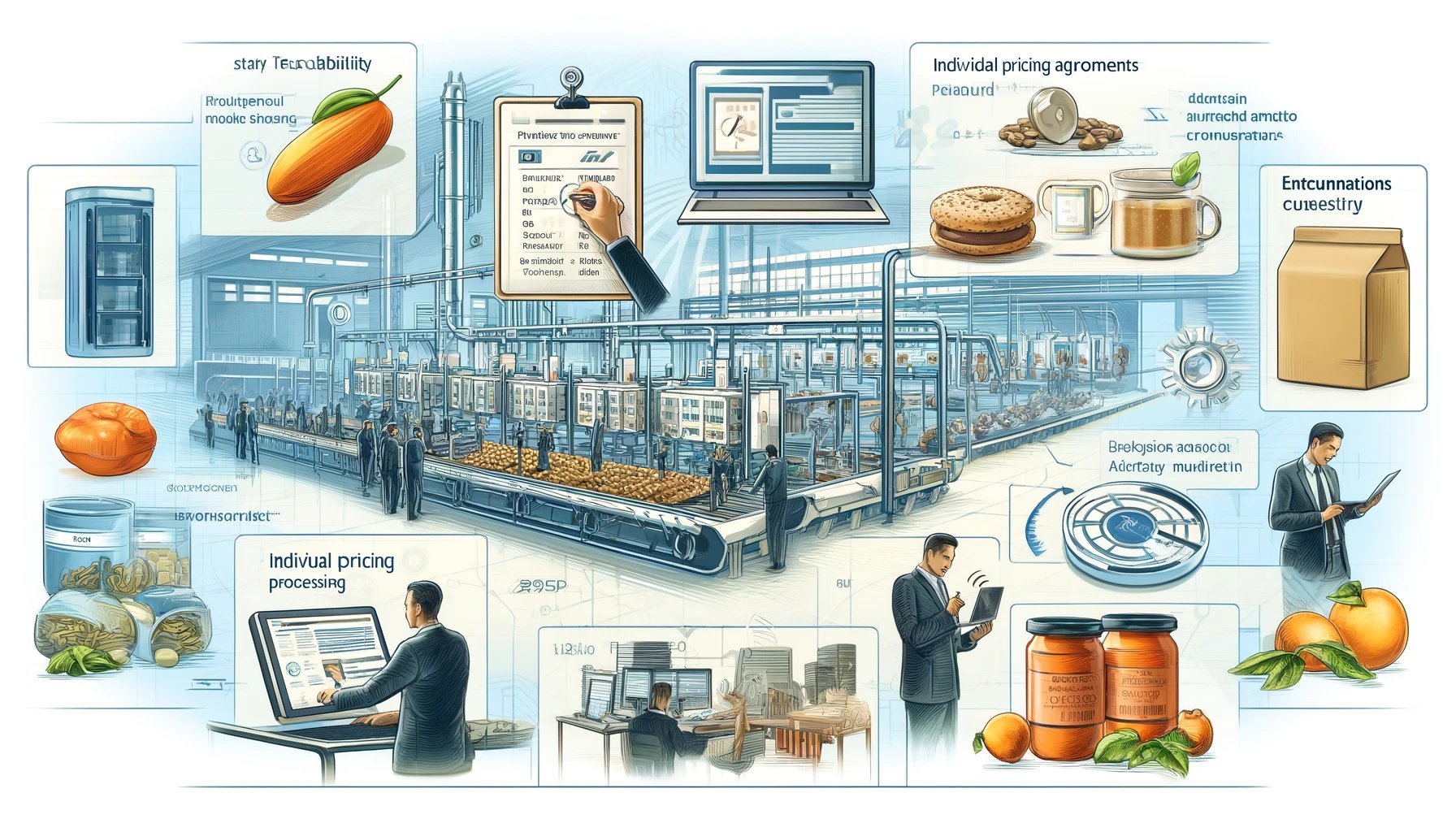 DALL·E 2024-04-12 10.20.34 - An illustrative concept showing various activities within the food industry, facilitated by advanced ERP software. The image features a food productio