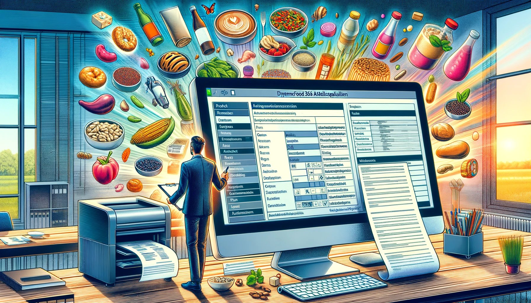DALL·E 2024-04-12 10.48.28 - A vivid illustration representing the food industrys need to manage detailed product information using advanced ERP software. The image shows a moder