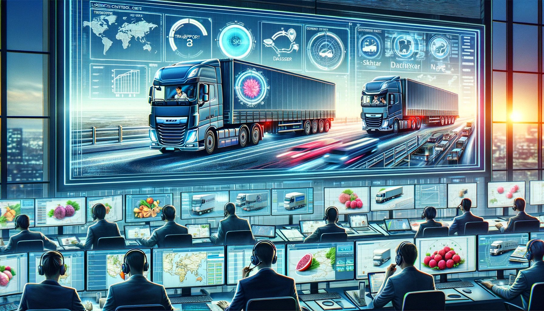 DALL·E 2024-04-12 10.51.46 - A detailed illustration of logistics in the food industry, focusing on the transportation of perishable goods. The image features a modern logistics c