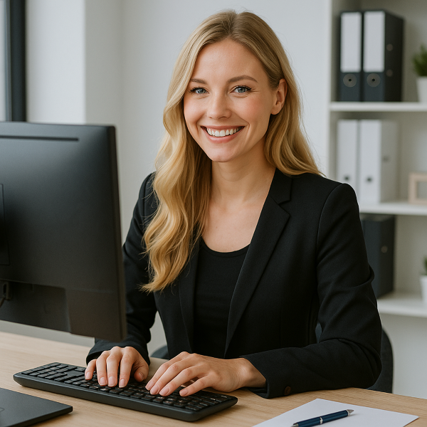 Eine attraktive blonde Frau sitzt lchelnd an ihrem PC in ihrem Bro-1