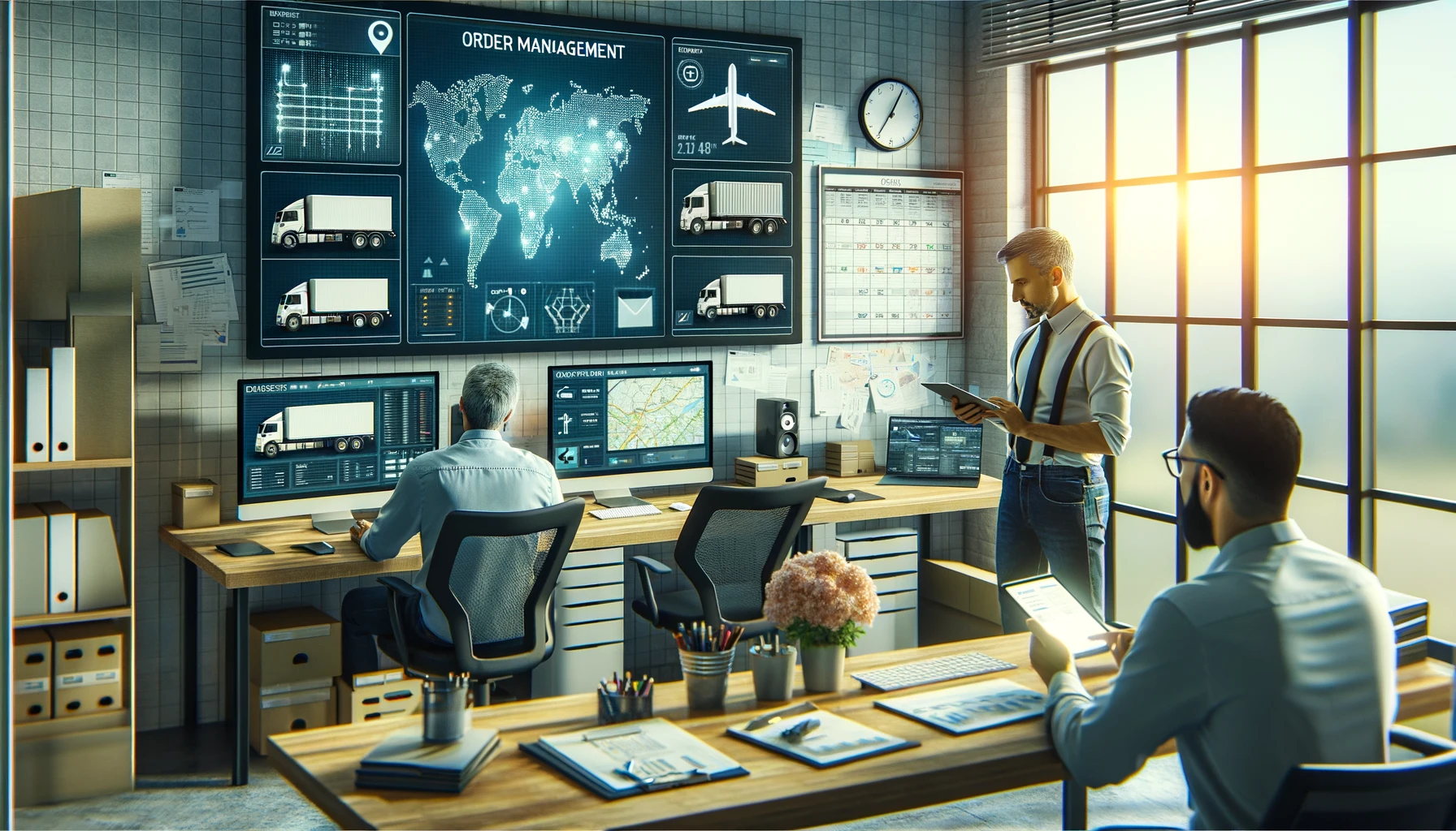 DALL·E 2024-04-12 14.49.52 - A modern logistics and transportation office scene depicting order management. The image shows a dispatcher at a desk with multiple monitors displayin