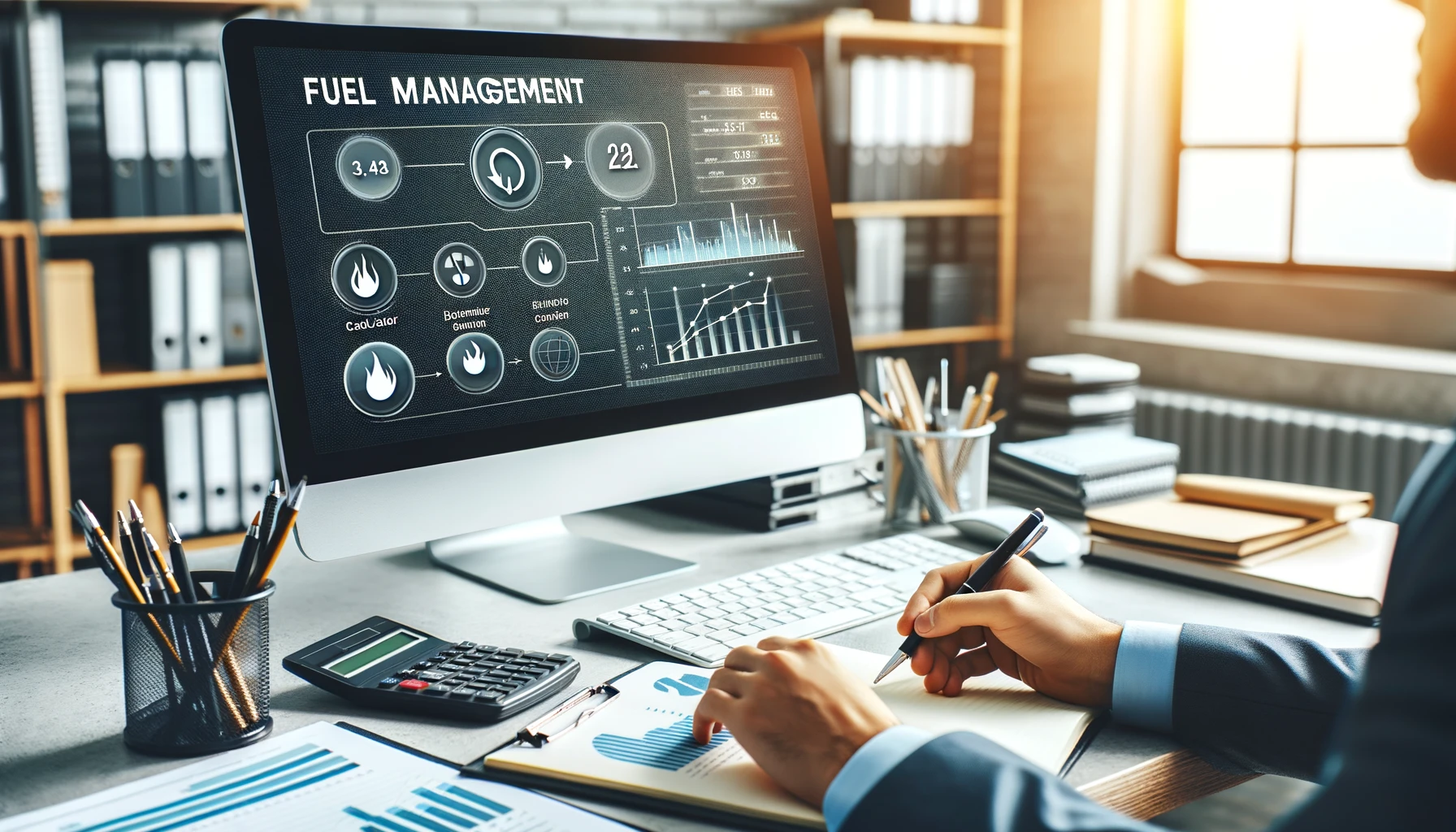 DALL·E 2024-04-12 14.52.53 - An office scene focused on fuel management. The image should show a professional analyzing data on a computer. The screen displays charts and graphs r