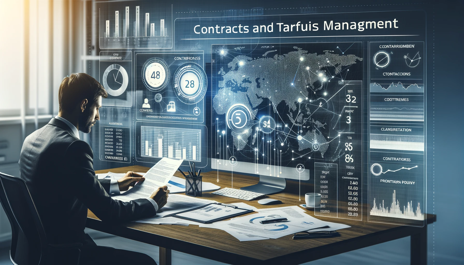 DALL·E 2024-04-12 15.00.42 - An office scene displaying the concept of contracts and tariffs management. The image should show a professional working at a desk, examining document
