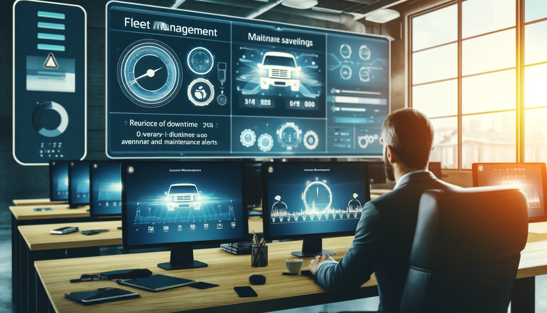 DALL·E 2024-04-12 20.18.35 - An office scene focusing on fleet management. The image should depict a fleet manager analyzing vehicle performance and maintenance schedules on multi