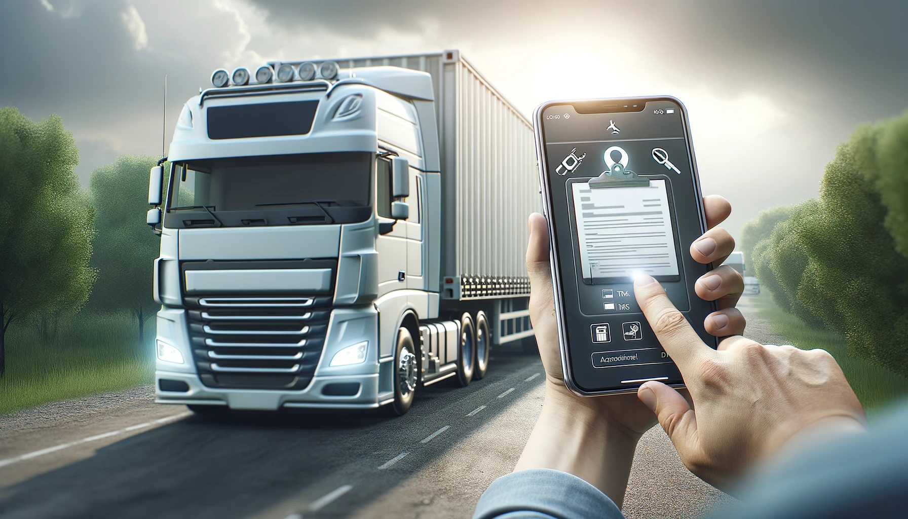 DALL·E 2024-04-12 20.19.36 - A scene depicting a truck driver using a mobile app on a smartphone while standing beside his vehicle. The phone screen shows an interface for accessi