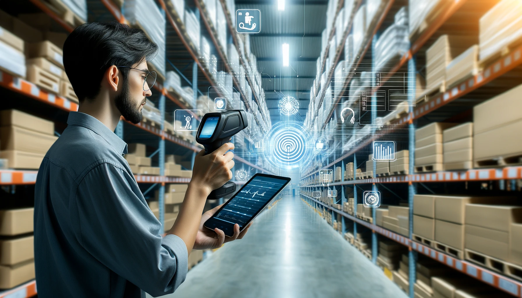 DALL·E 2024-04-15 09.27.33 - A modern warehouse with advanced technology, featuring a worker using a handheld RF scanning device to track inventory. The environment is busy and or