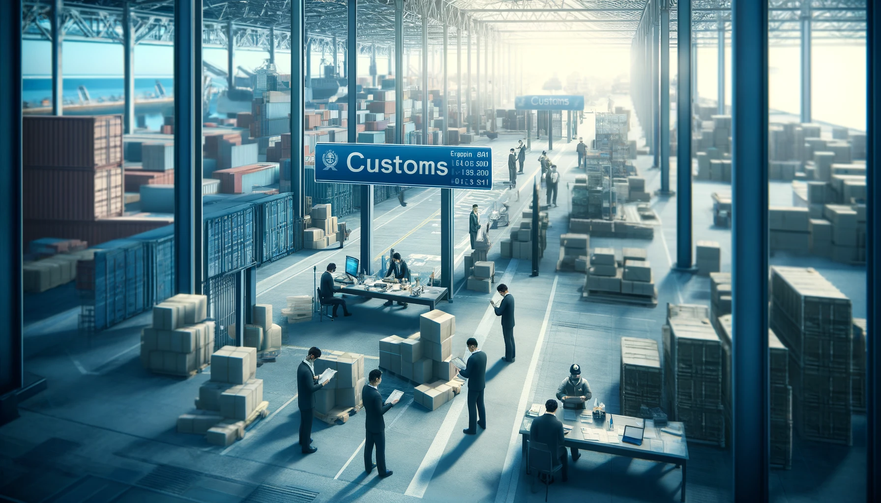 DALL·E 2024-04-15 09.27.54 - A busy customs area at an international shipping port, showcasing the process of customs clearance. The scene includes workers handling documentation 