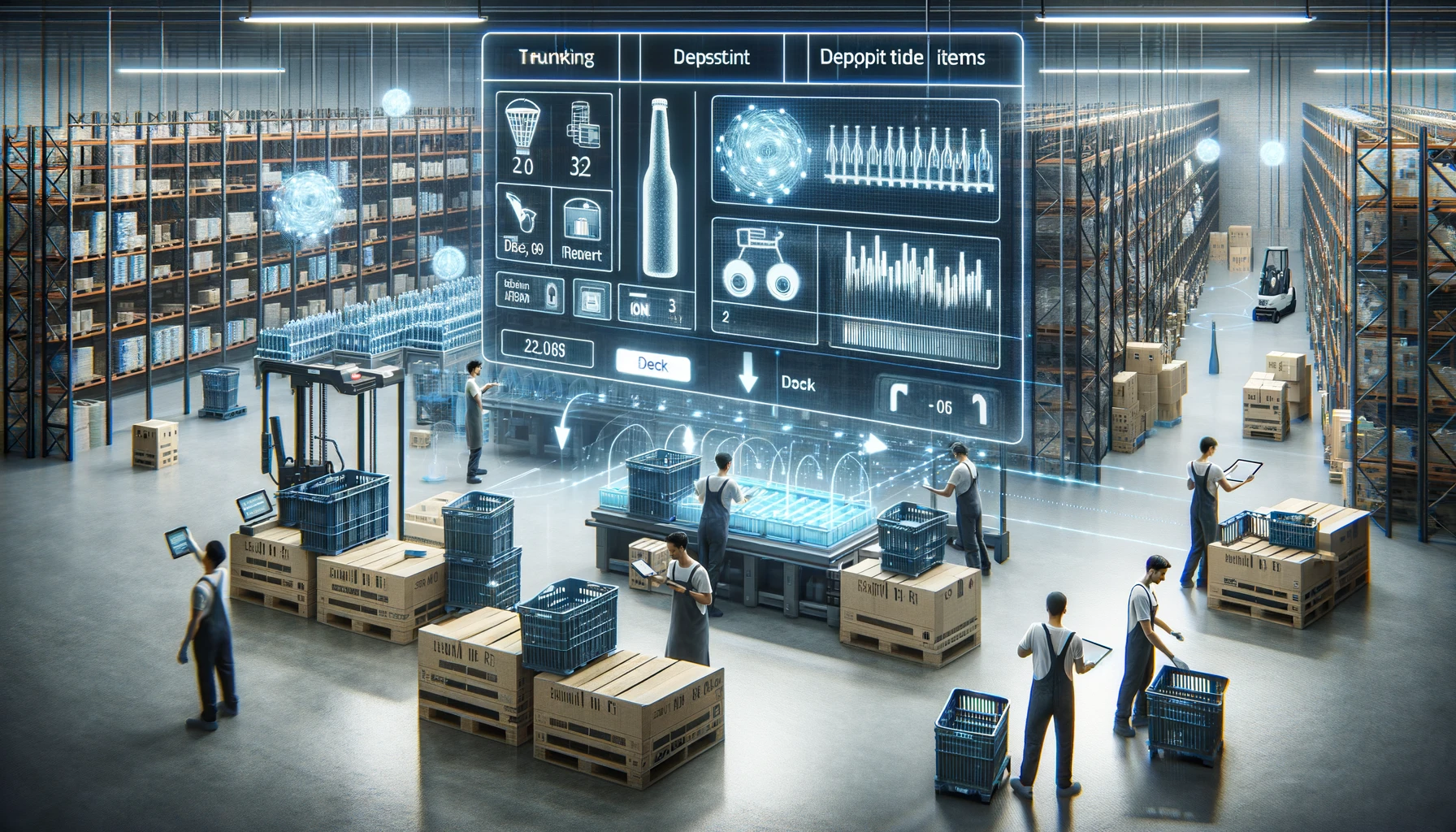 DALL·E 2024-04-15 09.30.08 - An organized warehouse scene showing the management of deposit items. The image features workers scanning and sorting deposit-returnable items like be