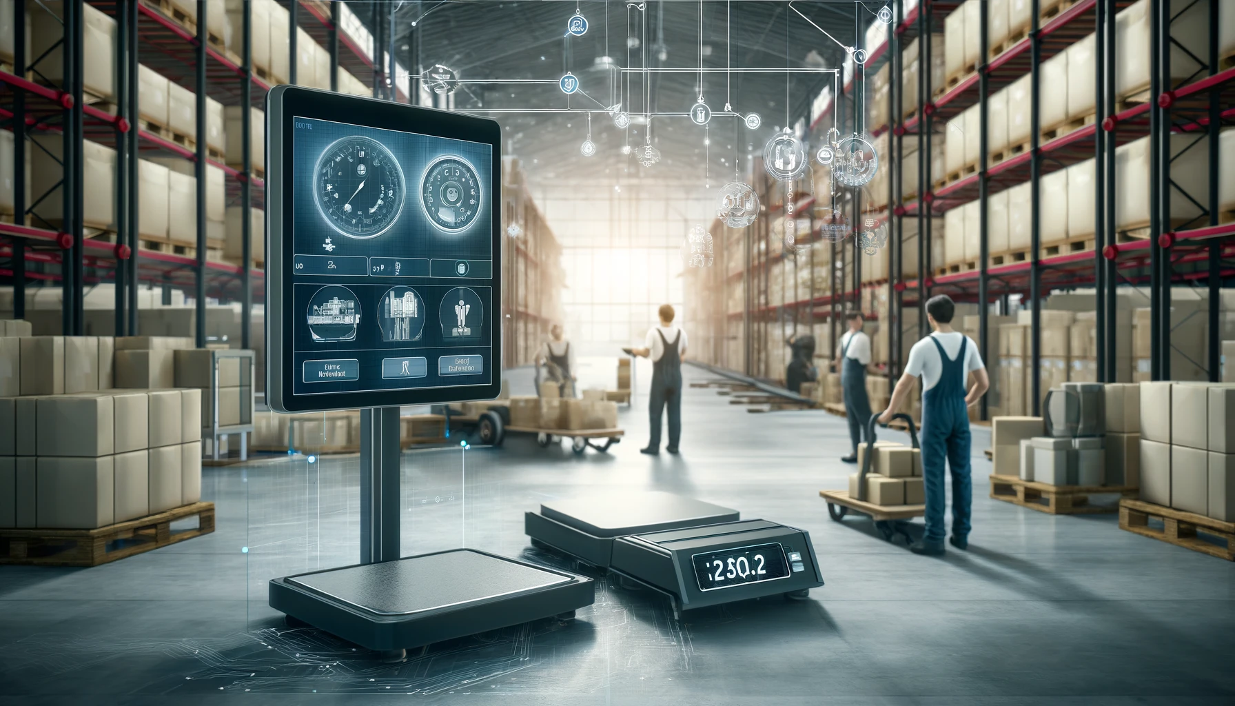 DALL·E 2024-04-15 09.31.25 - A modern warehouse environment showcasing the integration of industrial scales with a warehouse management system. The scene includes workers using co