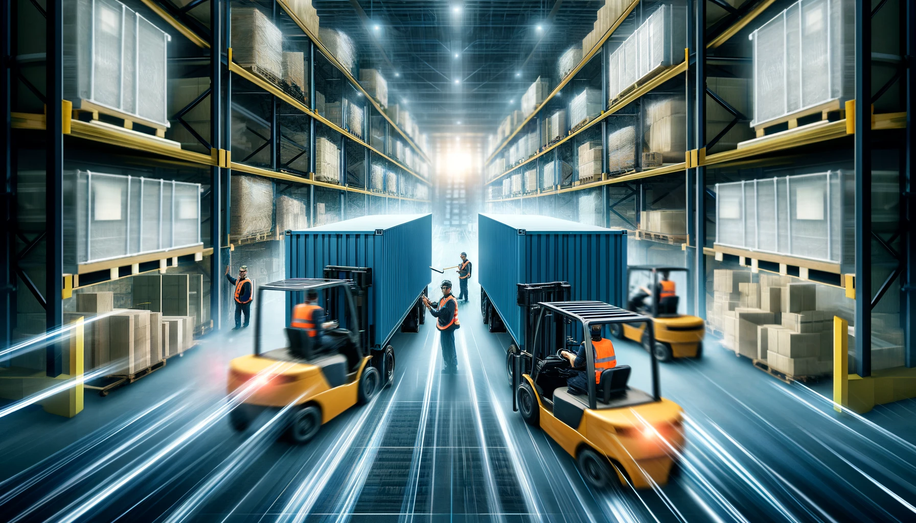 DALL·E 2024-04-15 09.32.38 - A dynamic warehouse scene illustrating the cross-docking process. The image shows workers efficiently transferring goods directly from incoming trucks