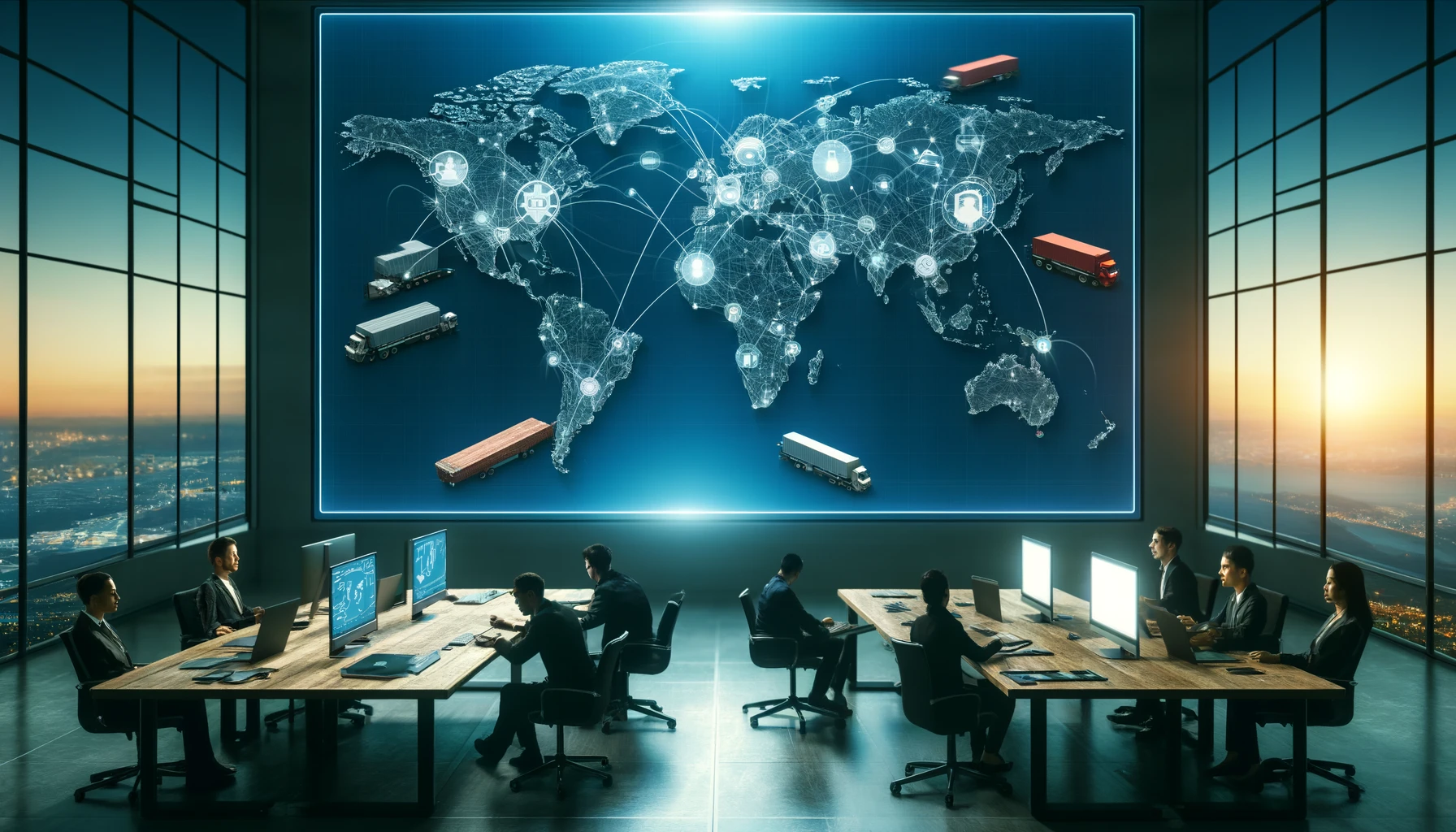 DALL·E 2024-04-15 09.36.45 - A digital logistics interface showing the connection of various freight companies within a unified system. The scene depicts a network map on a large 