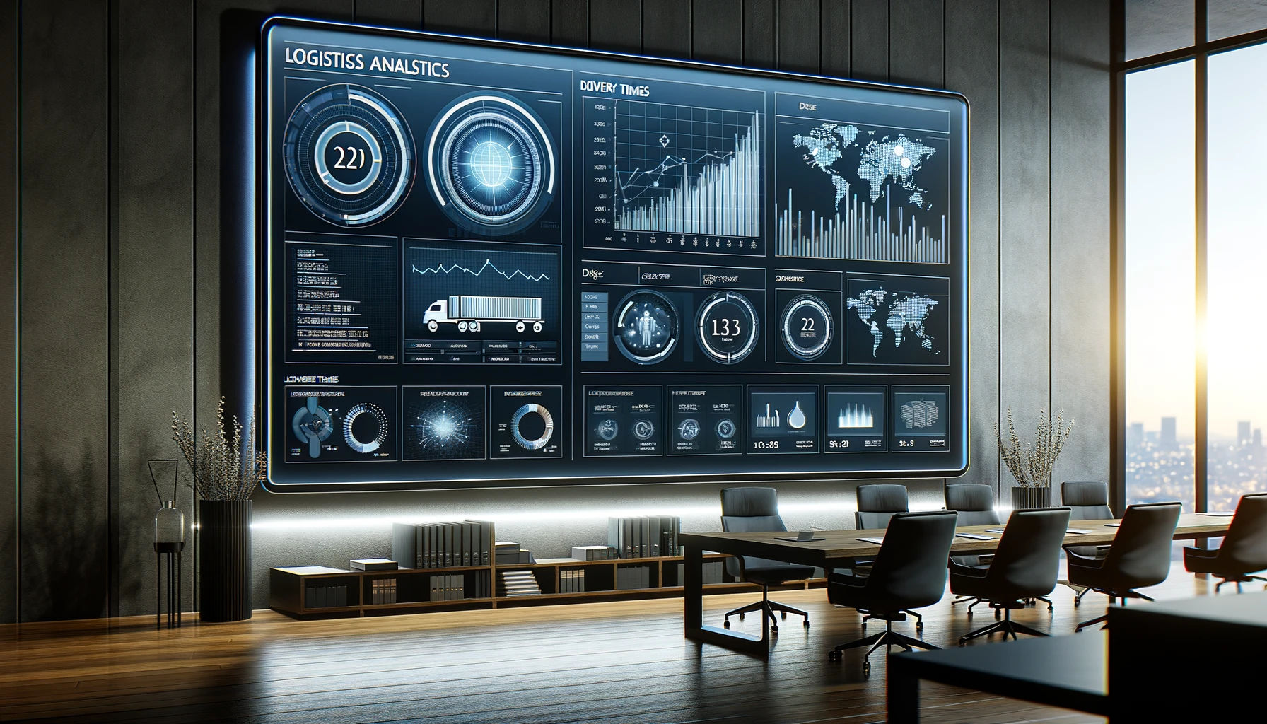 DALL·E 2024-04-15 09.39.10 - A sophisticated business analytics dashboard displaying logistics reports on a large screen in a modern office. The dashboard shows graphs, charts, an