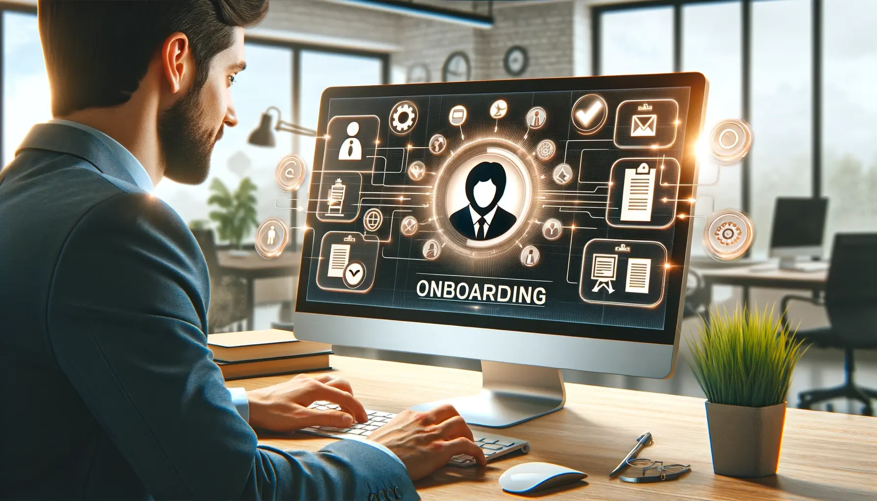 DALL·E 2024-05-22 18.44.37 - Anwendungsfall #3_ OnBoarding - Ein Bildschirm zeigt eine Benutzeroberfläche für das Onboarding neuer Mitarbeiter mit verschiedenen Reitern für Dokume